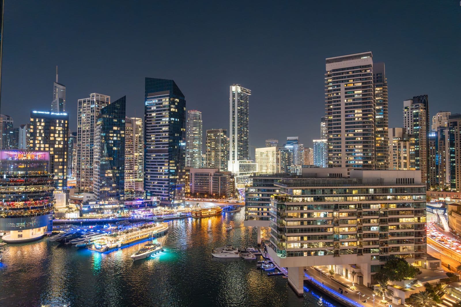 Dubai Marina skyline with residential towers and yachts